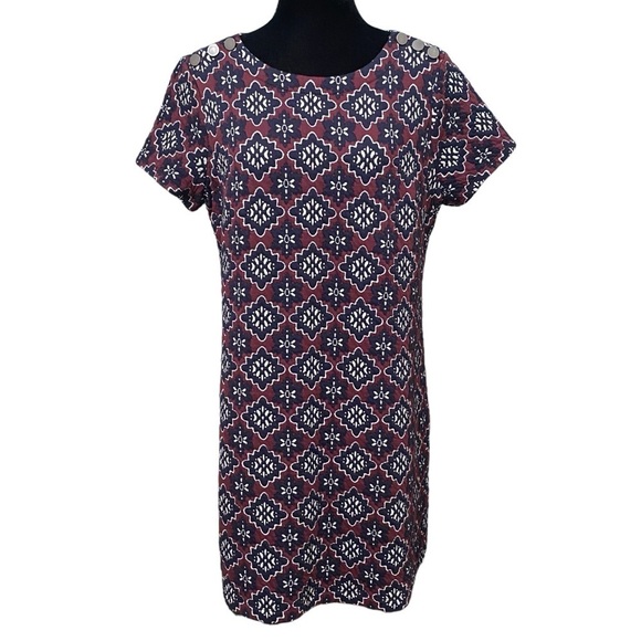 LOFT Boho Shift Dress Size 12 Quilted Burgundy Navy Stretch Geometric Print - Picture 1 of 8